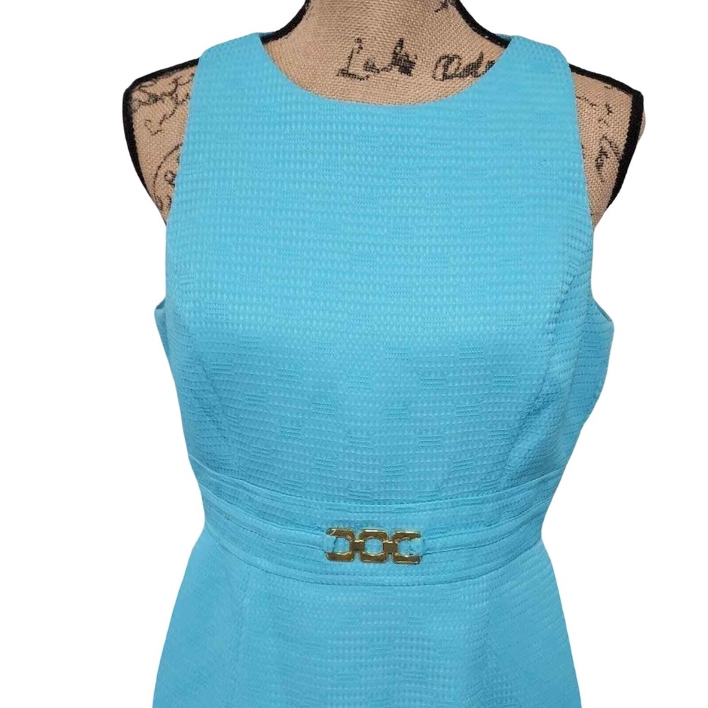 Tahari-Levine Studio Turquoise Textured‎ Sheath Dress Gold Link Waist Size 8 50S